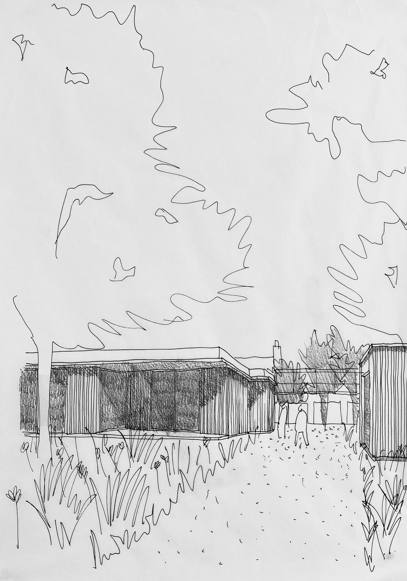 Sketch pencil drawing of the new build timber clad home within the Norfolk Road Conservation Area in Sheffield.