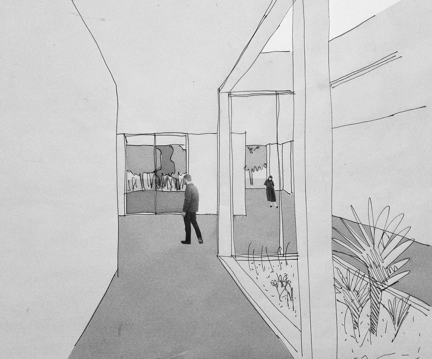 Sketch pencil drawing of the internal spaces within the new build home within the Norfolk Road Conservation Area in Sheffield.